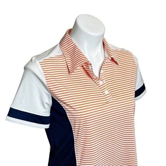 Lole blue, orange and white striped and color block performance polo size S - Picture 3 of 16